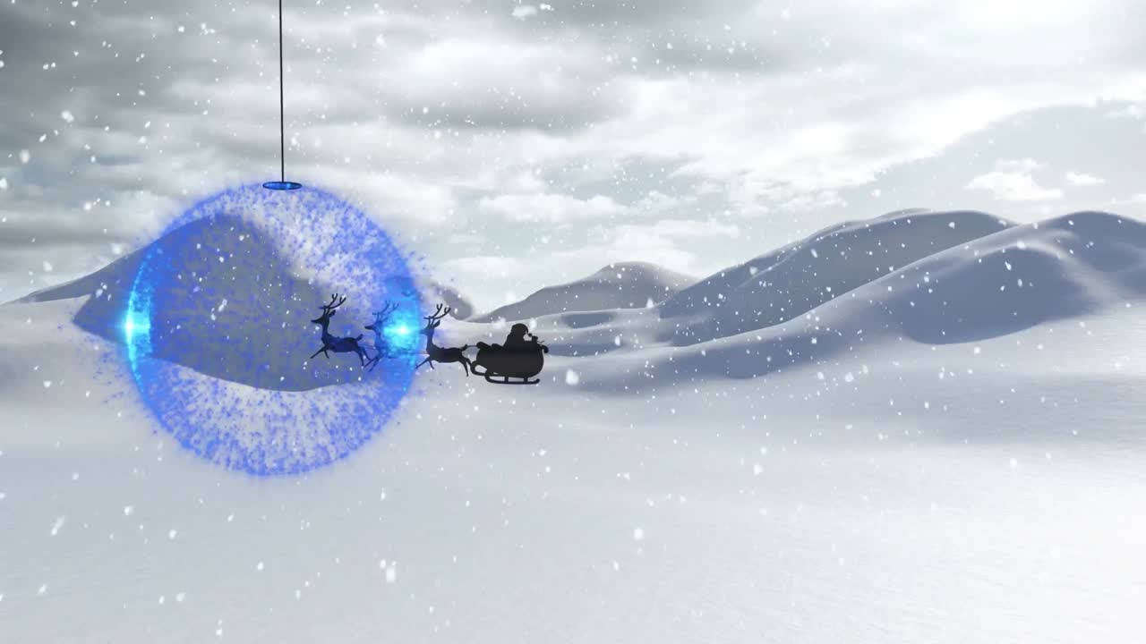 animazione di babbo natale in slitta con renne sulla neve che cade, gioielli e paesaggio invernale