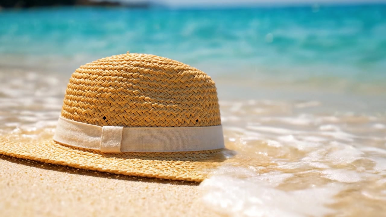 Eleganza Baciata dal Sole: Un Cappello di Paglia Appoggiato sulla Sabbia Calda Accanto a Onde Cristalline Sotto il Luminoso Sole Estivo
