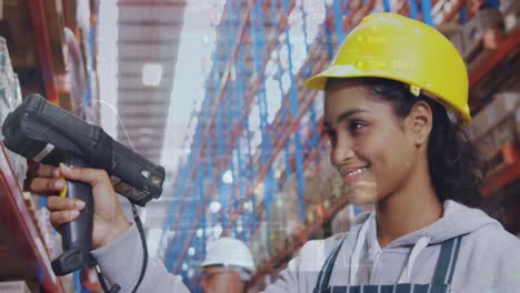 Screens-with-data-processing-over-african-american-female-worker-scanning-stock-at-warehouse