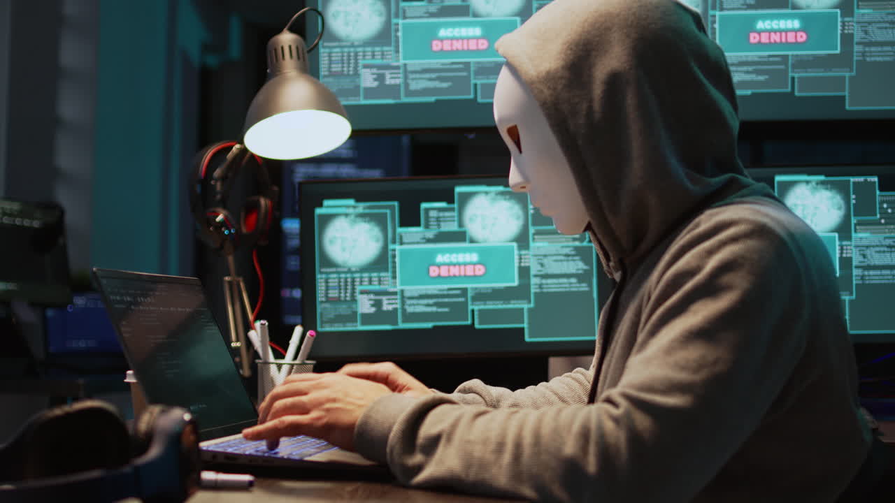 Anonymous hacker working on a computer