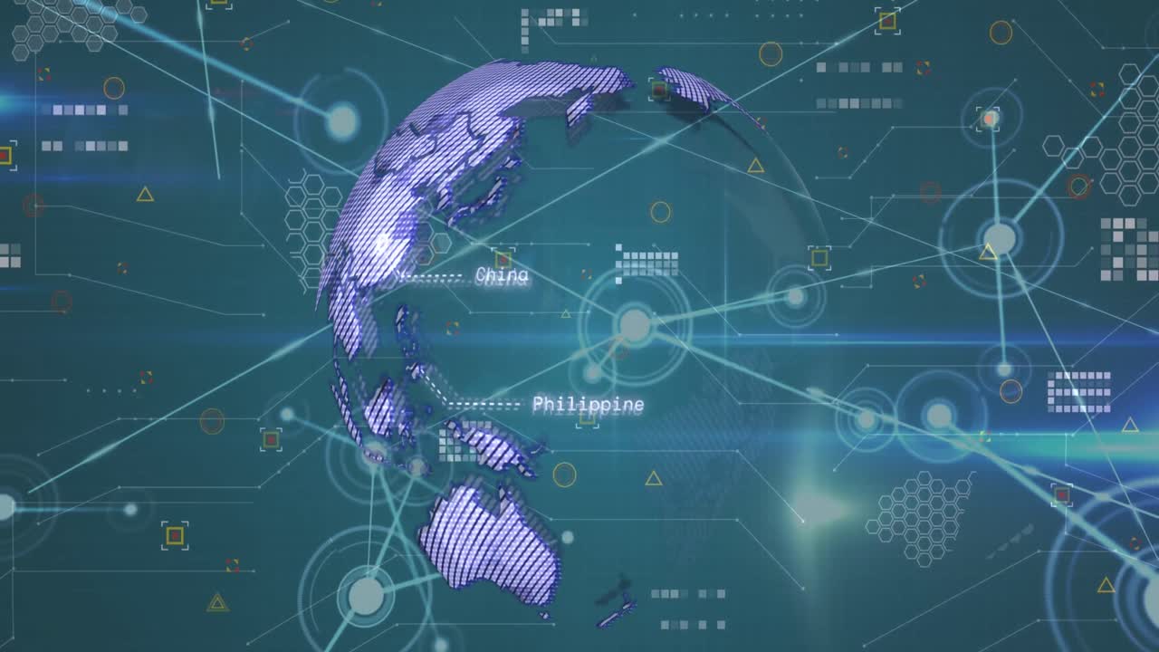 연결 네트워크, 회전하는 지구와 파란색 배경에 대한 빛의 흔적의 애니메이션