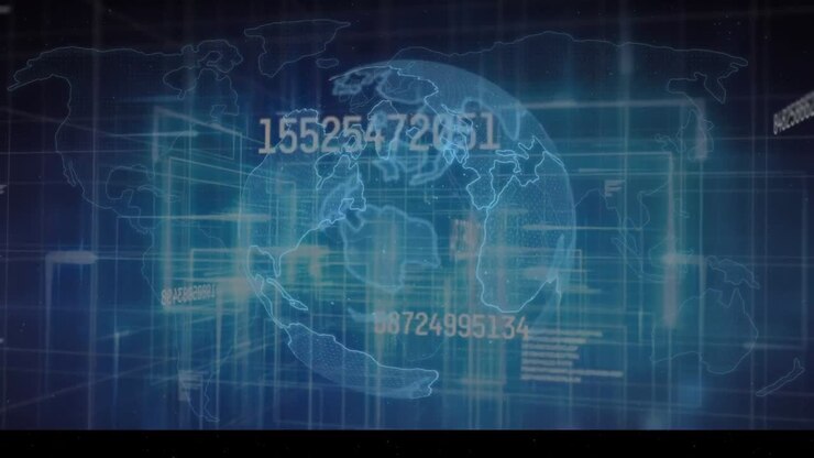 Animation of globe with world map, numbers on futuristic digital interface