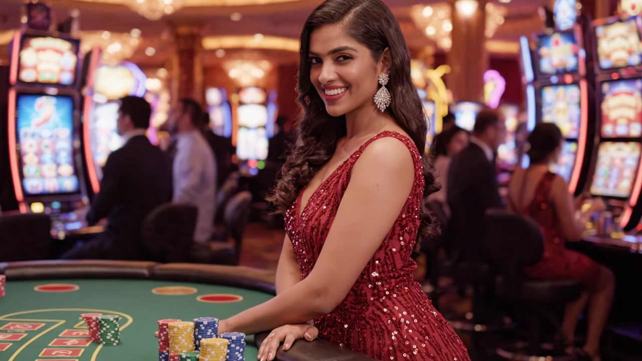 Una noche glamurosa en el casino: Momentos cautivadores de una hermosa mujer entre deslumbrantes máquinas tragamonedas y una emocionante atmósfera de juego