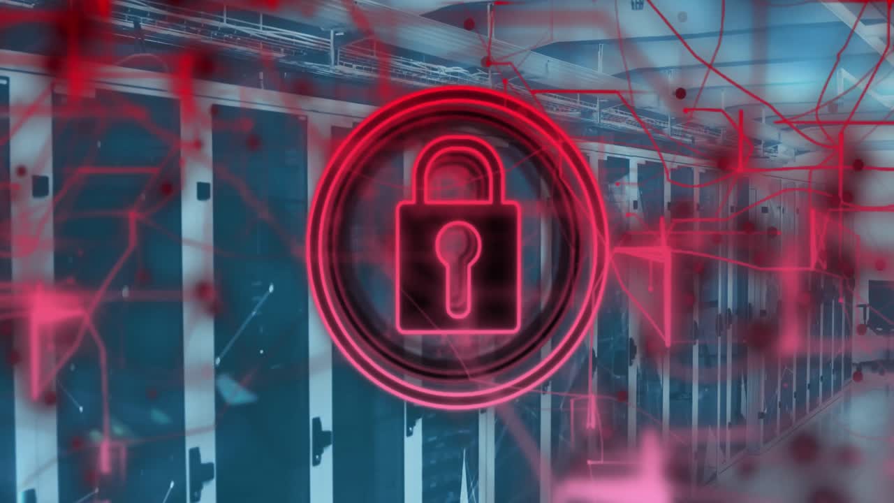 animación de un candado en círculo, patrón de navegación sobre puntos conectados en sistemas de servidor de datos