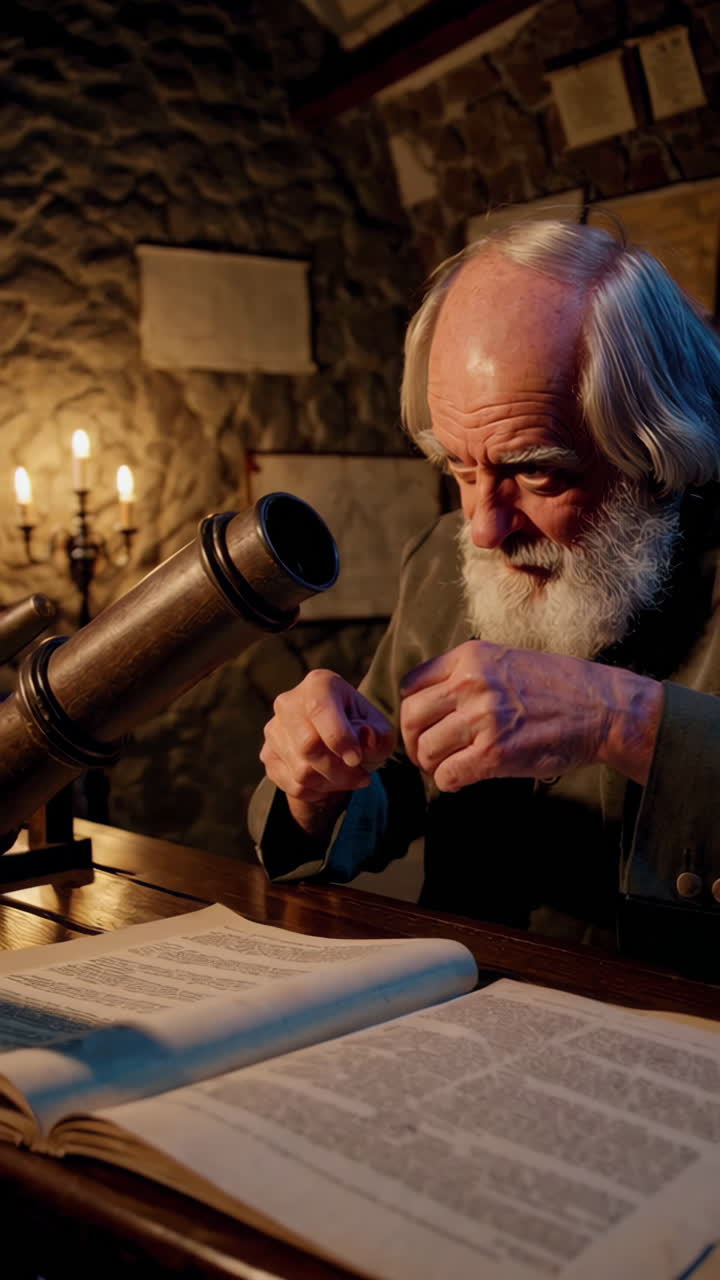 Elderly Scholar Studying Antique Maps and Documents in a Historical Study