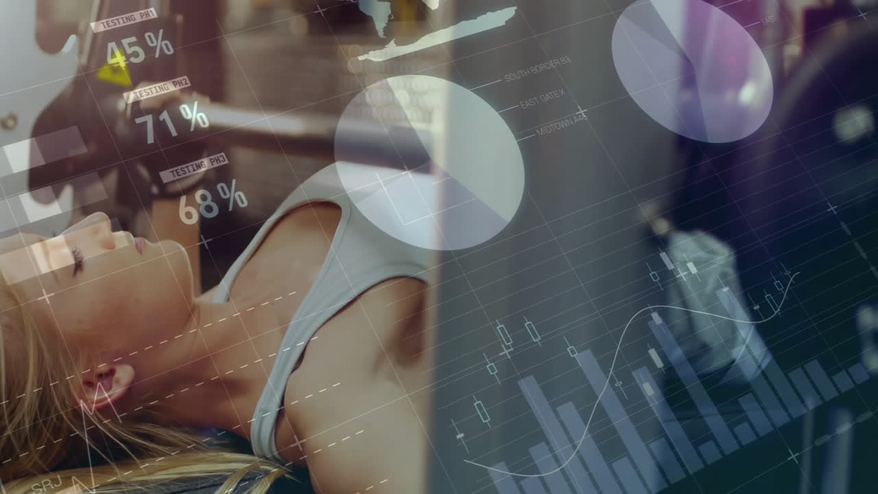 datos de fitness y métricas de rendimiento animación sobre la mujer haciendo ejercicio en el gimnasio