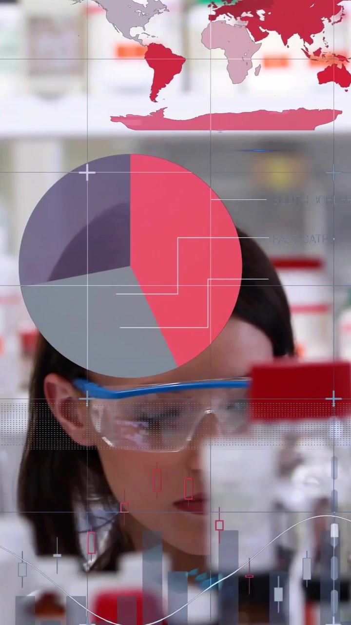 Video verticale: Uno scienziato entra e si china sul banco di laboratorio testando delle fiale, con percentuali fluttuanti.