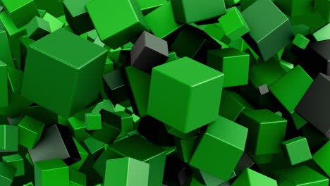 field of dull polished green and grey cubes rotating in a low gravity field