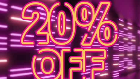 animation of 20 percent off over neon lights on black background