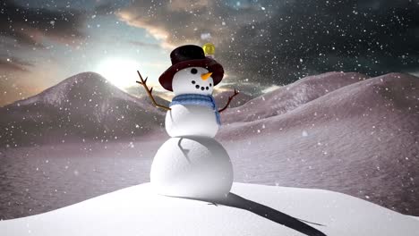 Snow-falling-over-snowman-on-winter-landscape-against-clouds-in-the-sky