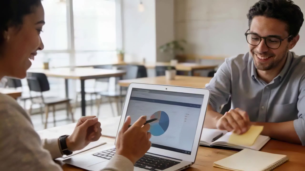 Pointing presenter in shirt gesturing at laptop pie chart in cafe, man taking sticky-note for tasks