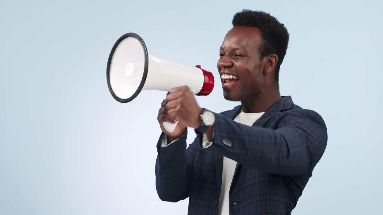 Announcement, megaphone and black man in protest