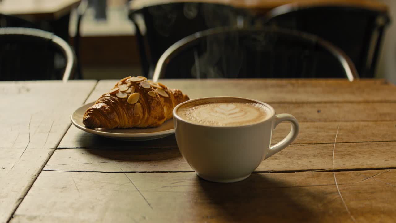 Efter en frisk hældning afgiver en hvid keramikkop med latte-kunst damp på et træbord med en croissant.