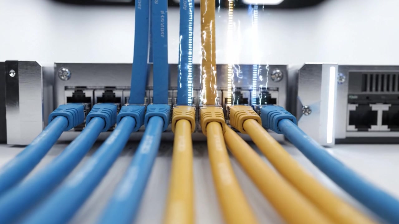 Et nærbillede af netværkskabler forbundet til en switch, der fremviser lyse blå og gule Ethernet-forbindelser i et moderne teknologi-setup.