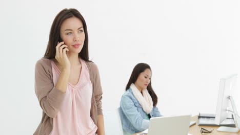 Creative-businesswoman-talking-on-phone-with-colleague-behind-her