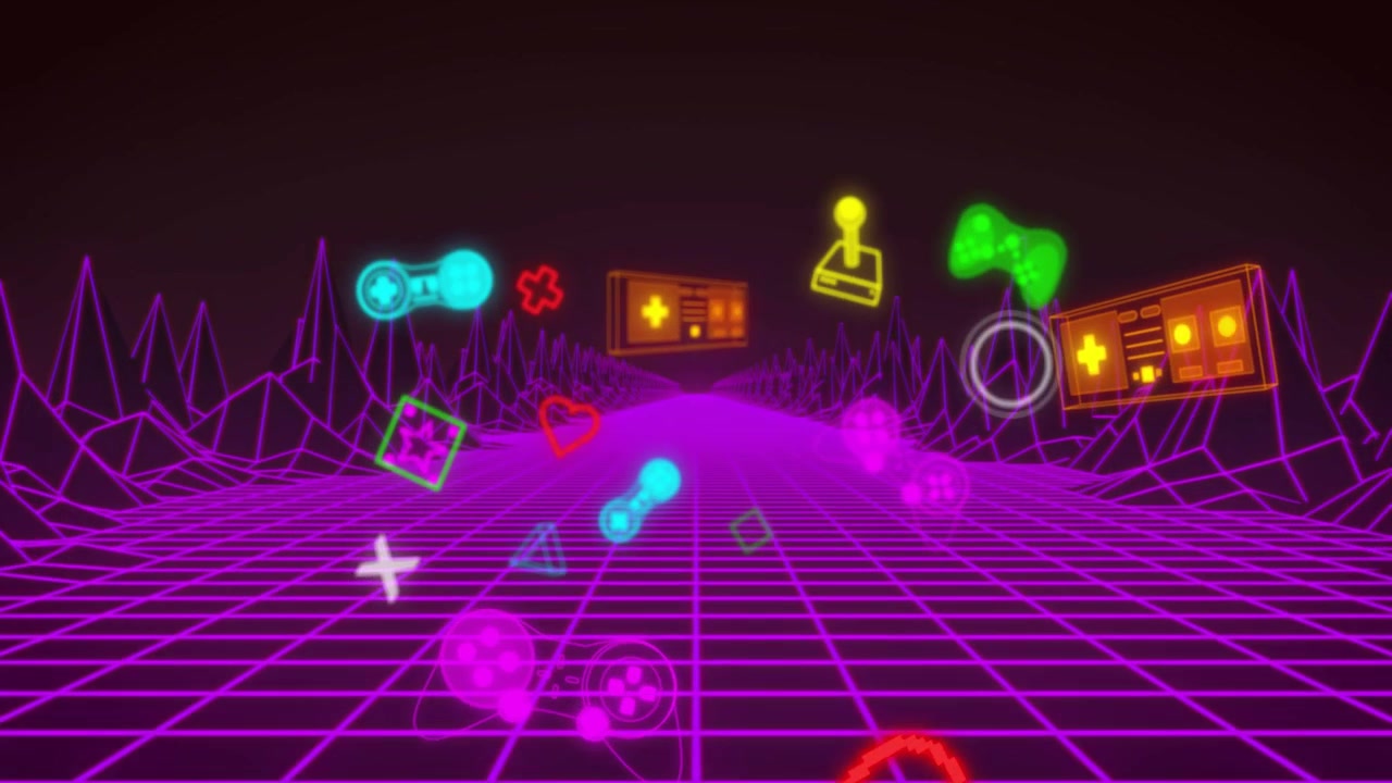 Loop che inizia con icone di gioco al neon e una griglia magenta che avanzano, mostrando la parallasse per i creatori