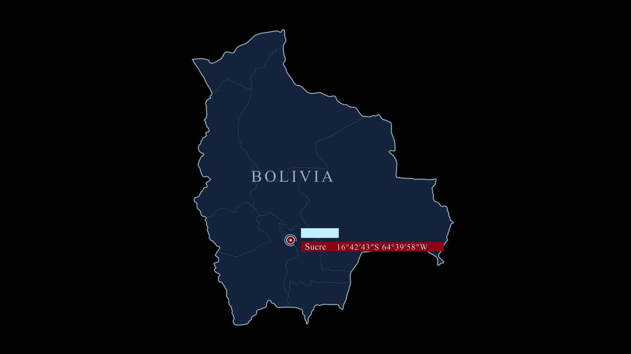 mapa estilizado de bolivia con la capital y las coordenadas geográficas en fondo negro