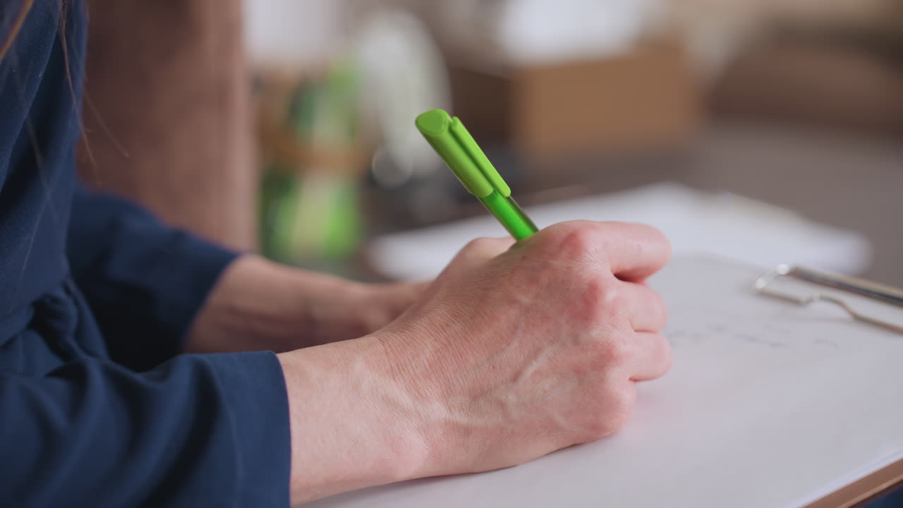 Close view of inspirer hand holding green pen and writing on clipboard during session with client, seated in cozy environment, background includes blurred furniture and soft lighting