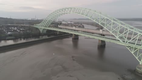 runcorn silver jubilee bridge aerial view at sunrise