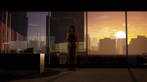 businesswoman working in modern office at sunrise