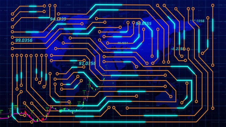 Animation of financial data over world map and integrated circuit