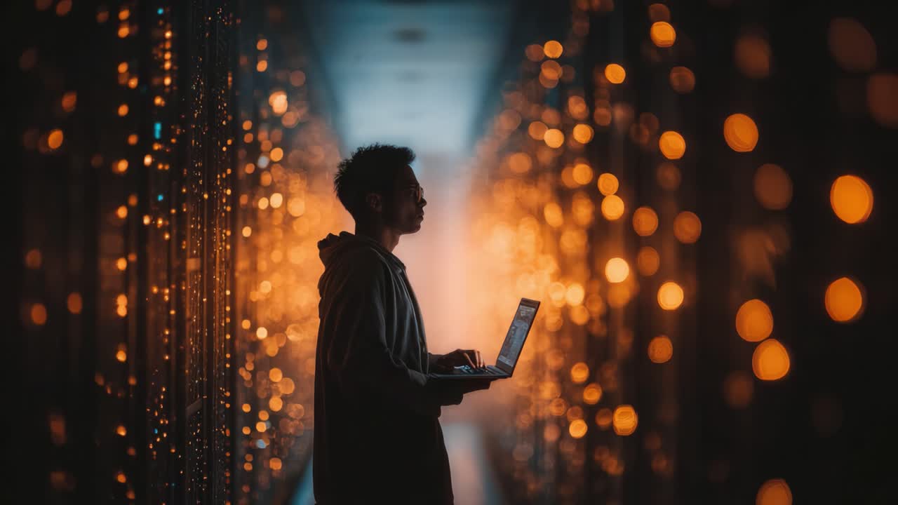 A Silhouette of a Person in a Server Room Illuminated by Warm Lights, Engaged in Work on a Laptop, Reflecting a Blend of Technology and Modernity