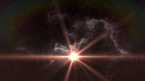 bright orange spot of light moving over white nebula in the night sky