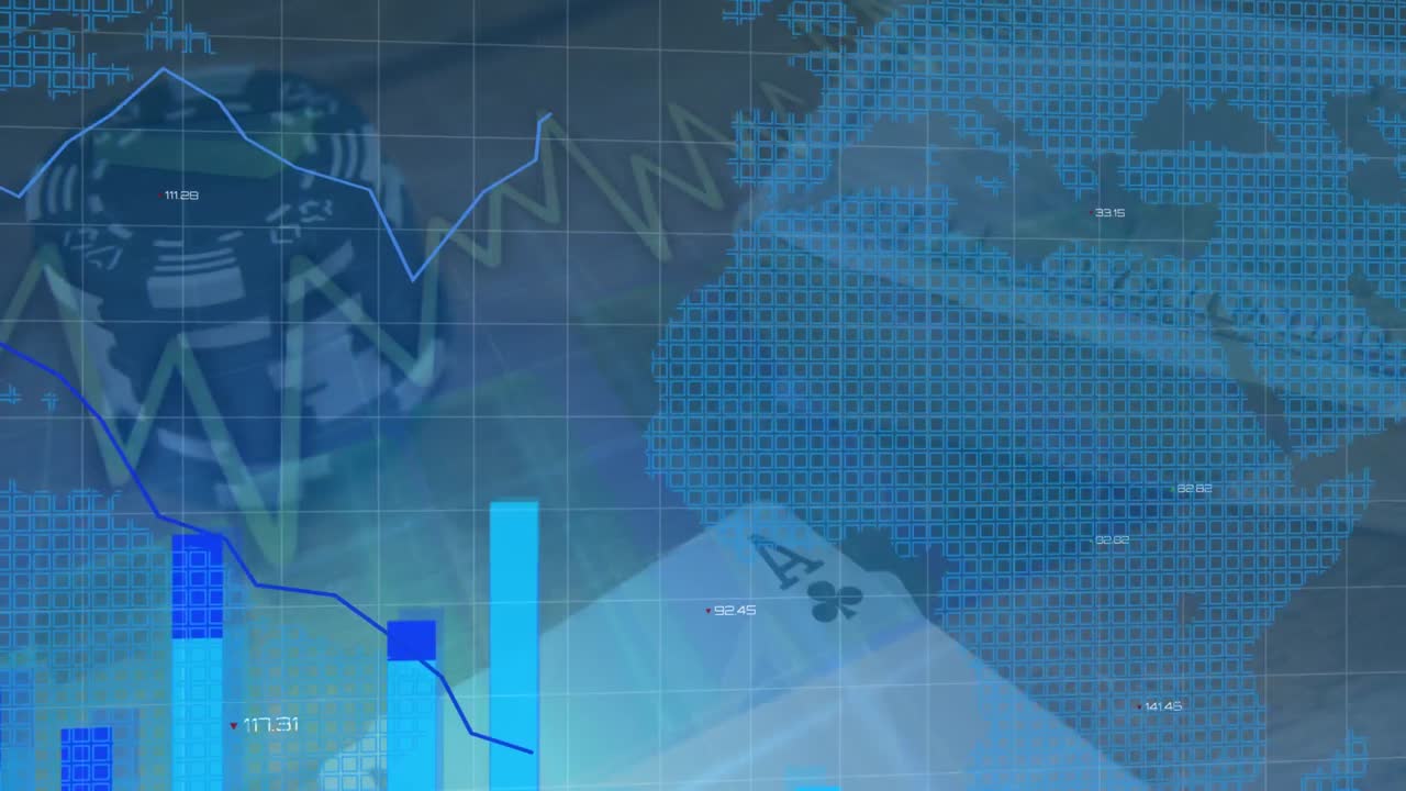 animación del procesamiento de datos financieros a través de fichas y cartas de juego