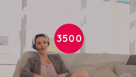 Animation-of-changing-numbers-over-woman-wearing-phone-headset