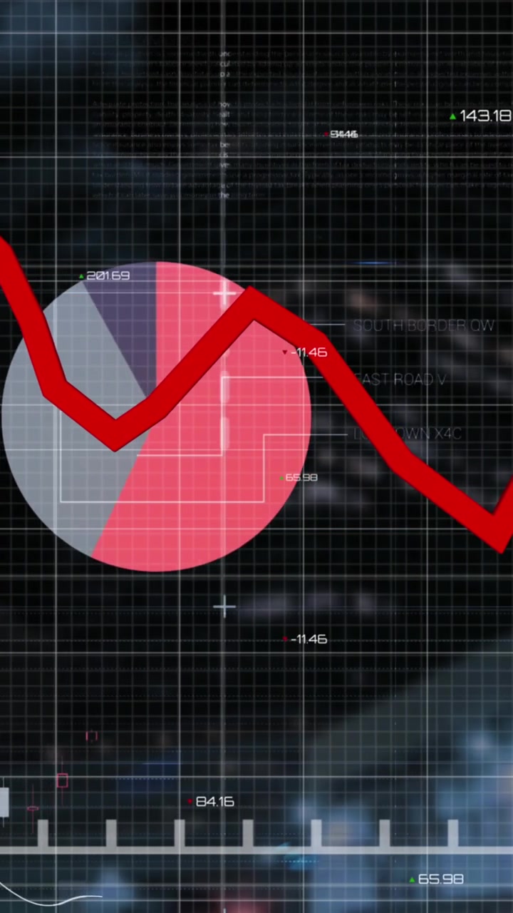 Animazione di più grafici su un'interfaccia infografica sullo sfondo di edifici illuminati visti dal basso