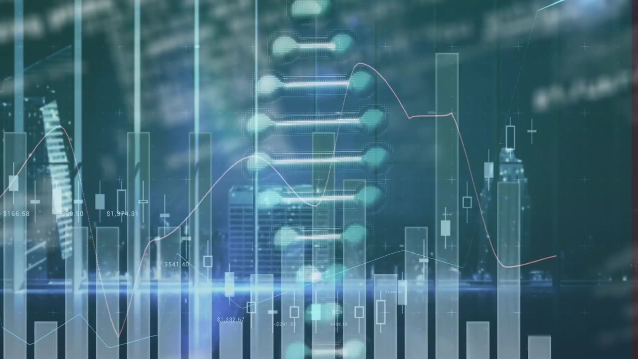 Digital Animation of DNA Helix Overlaid with Financial Charts