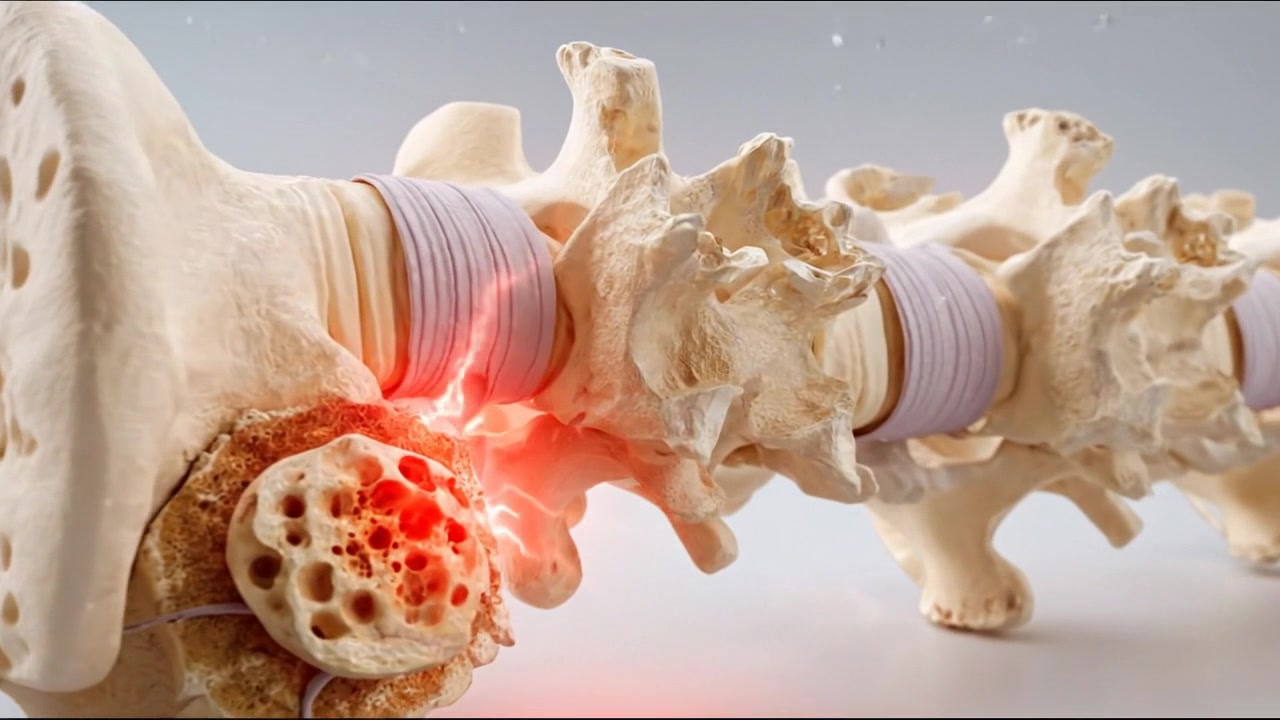 Coluna vertebral humana detalhada com disco intervertebral destacado em renderização médica.