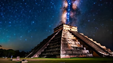 chichen itza pyramid at night under the milky way