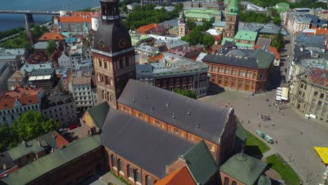riga, latvia. cinematic downward pan of riga doms cathedral and dome square