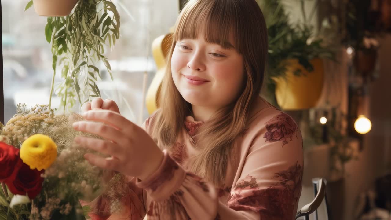 Young florist with down syndrome carefully arranging a bouquet of colorful flowers, working with passion and dedication in her flower shop, surrounded by plants and a warm atmosphere