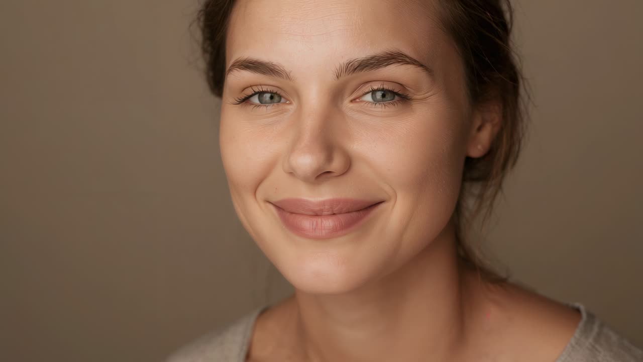 Donna sorridente che indossa un top leggero che si sistema il sorriso in studio, camera che registra il ritratto con l'illuminazione