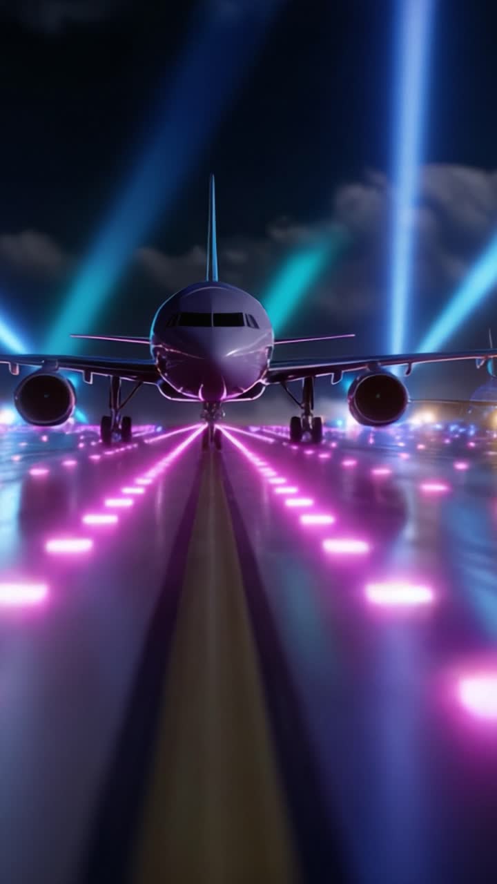 Avión Iluminado en Pista: Una Impresionante Exhibición de Luces y Tecnología que Captura la Esencia del Viaje Aéreo en una Atmósfera Futurista