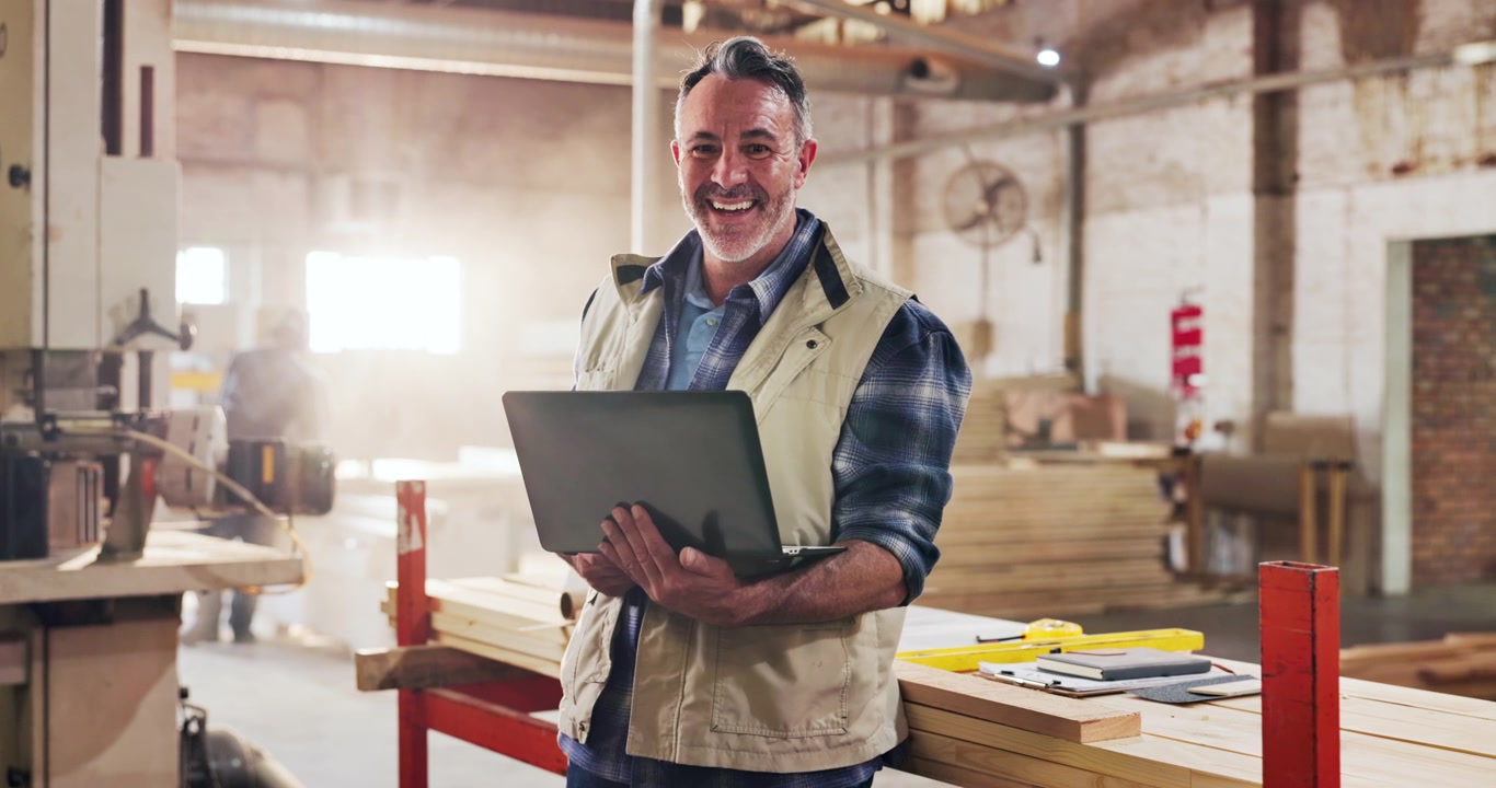 Falegname Sorridente con Laptop in Officina di Falegnameria