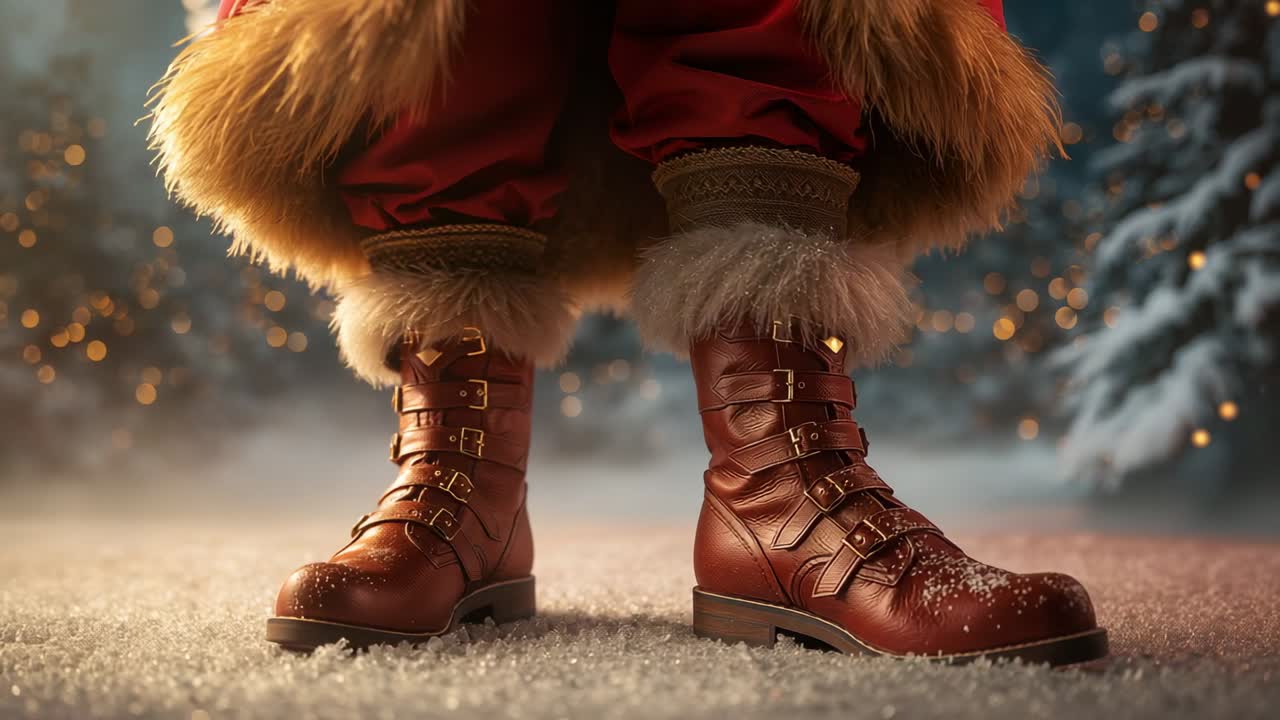 Santa figure wearing red fur-trimmed pants shifting weight, pivoting boots on snow with pine lights