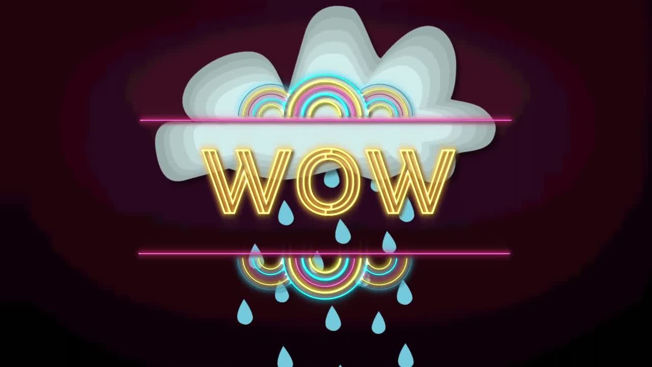 animación de texto wow sobre nube con lluvia sobre fondo púrpura