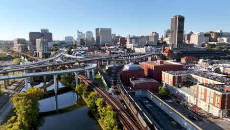 aerial pullout from skyline and traffic in richmond virginia