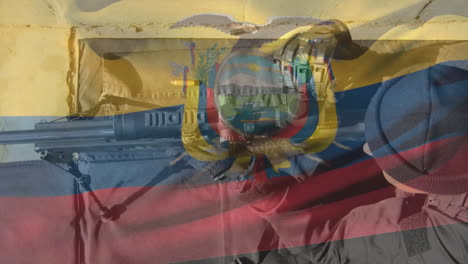 Holding rifle with Ecuadorian flag overlay, person symbolizing national defense concept