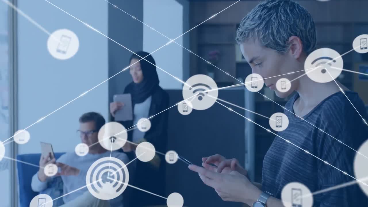 Animation of network of digital icons against caucasian woman using digital tablet at office