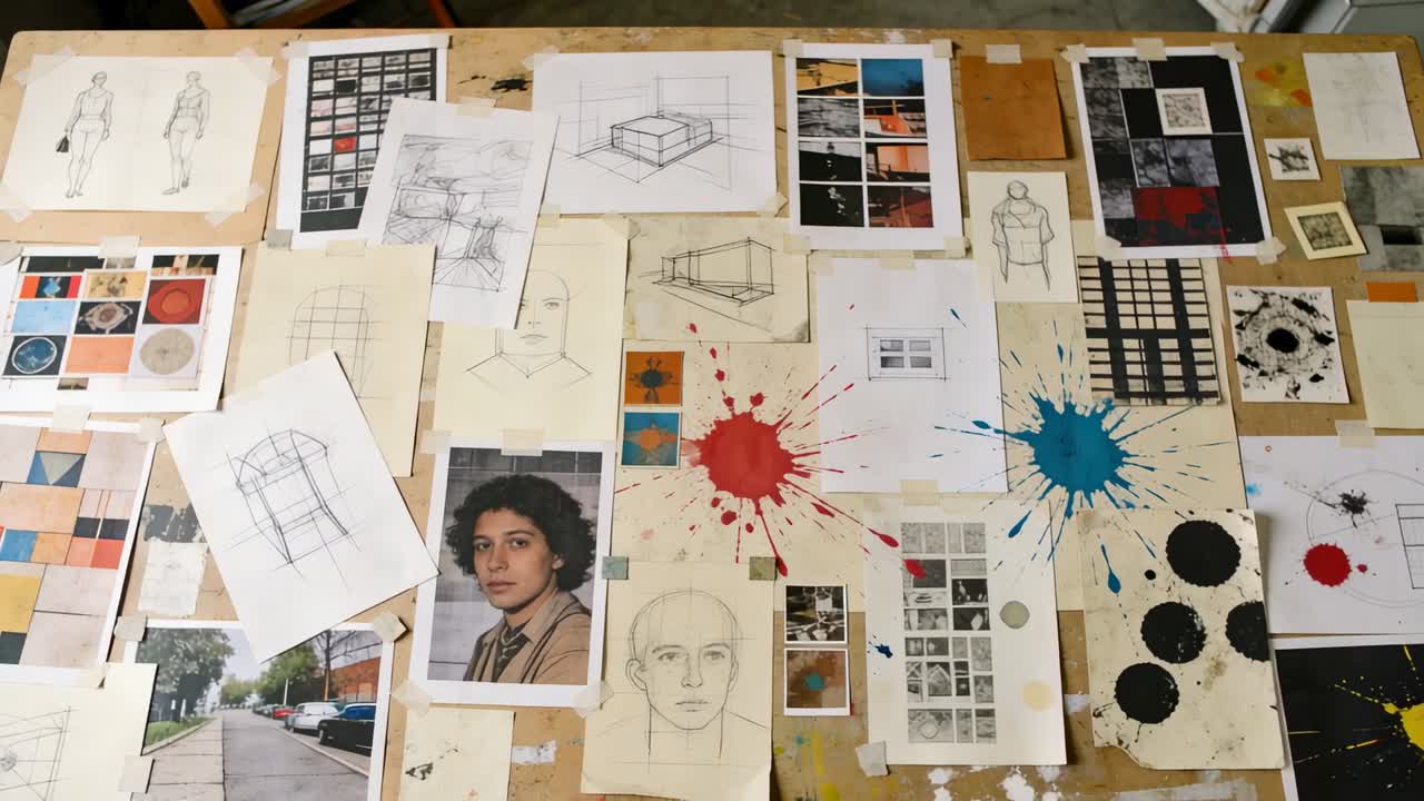 Panning overhead camera centering wooden table in studio, revealing portrait and paint marks