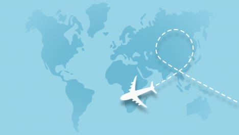 video animation with white plane flying on the world's map leaving a trail behind. the plane makes a loop on blue background and and flying away from screen.