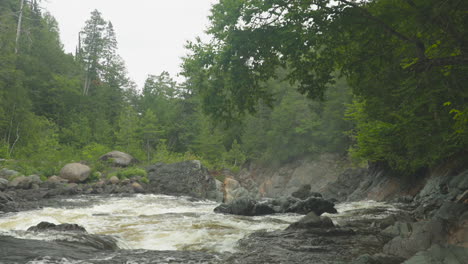 tight shot of the batchawana river flowing toward a waterfall, near the shore of lake superior in ontario, canada