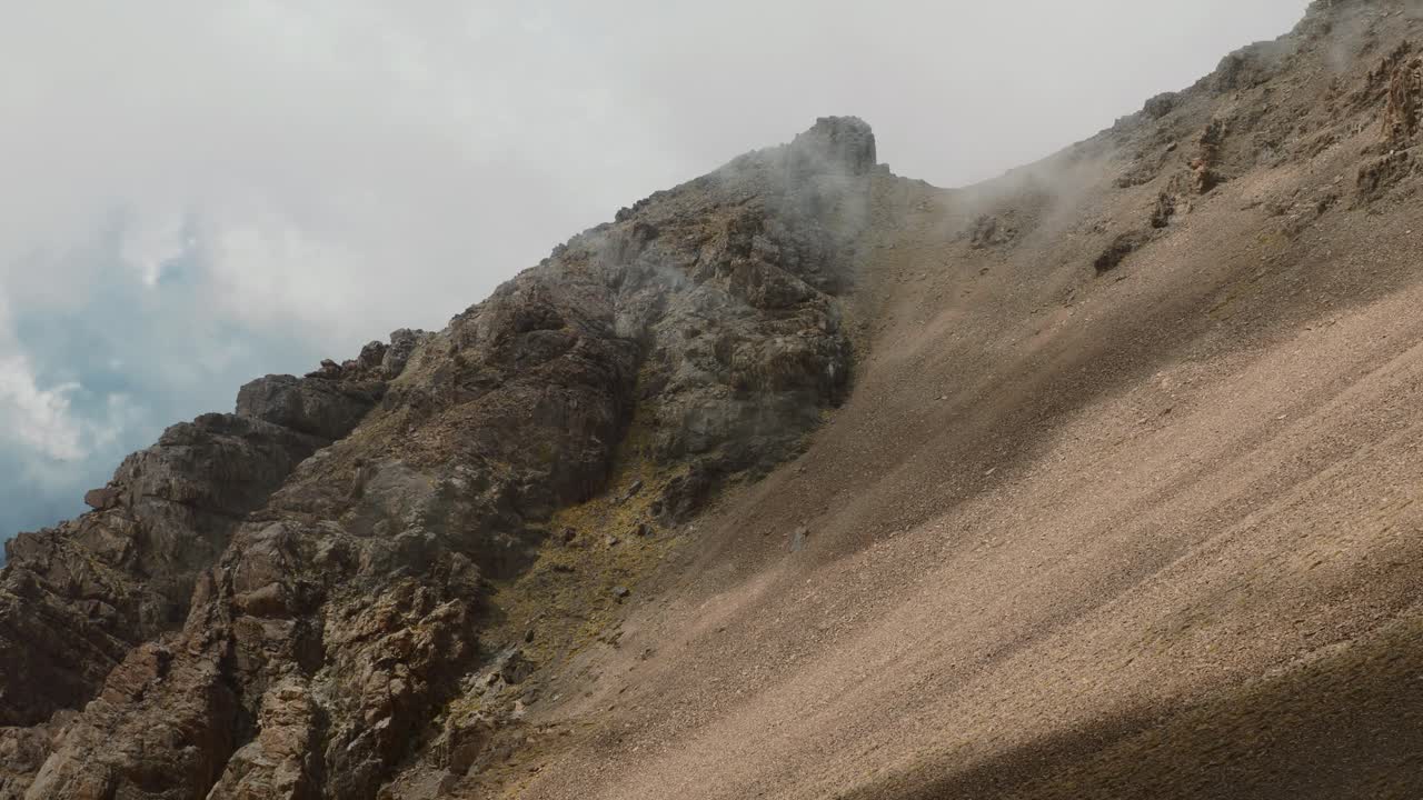 nubes moviéndose rápido sobre montañas de gran altitud en el alto atlas, marruecos, estático