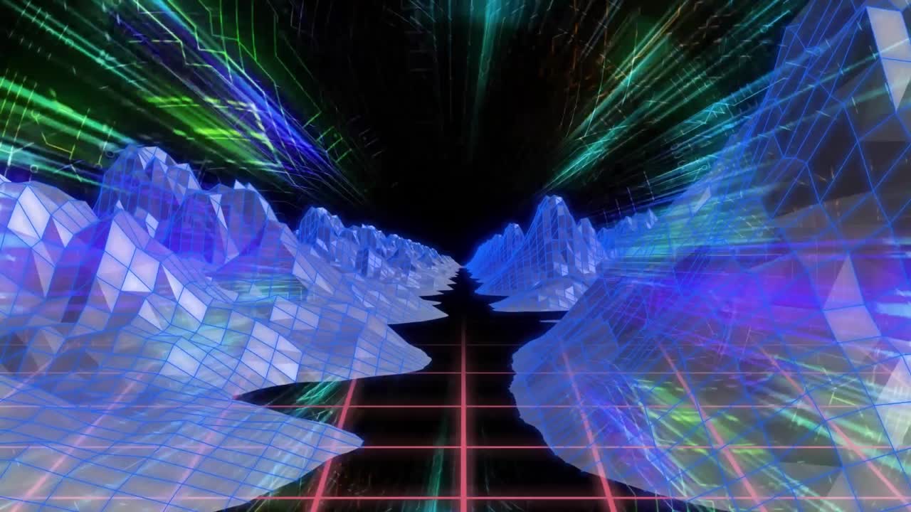 검은색 배경에 대한 격자 패턴에 산 위에 다채로운 추상적인 패턴의 애니메이션