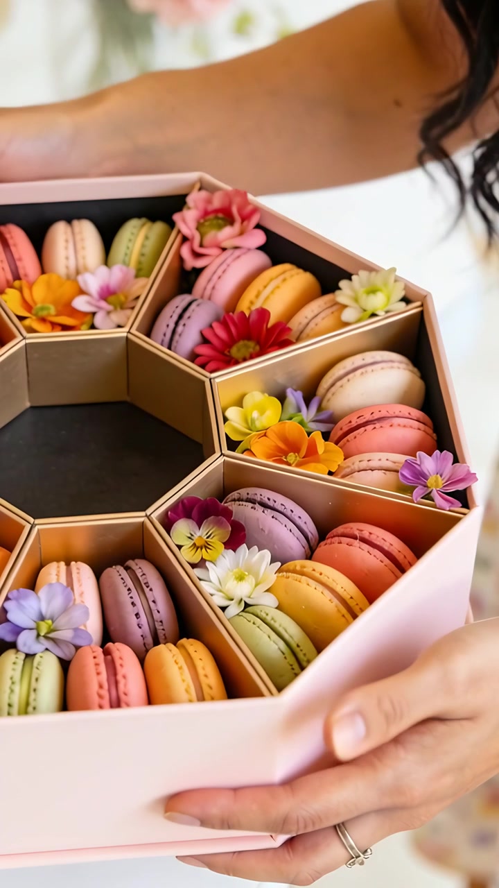 Vertical video: Lifting box, woman in floral top tilting hexagon box at home revealing macarons