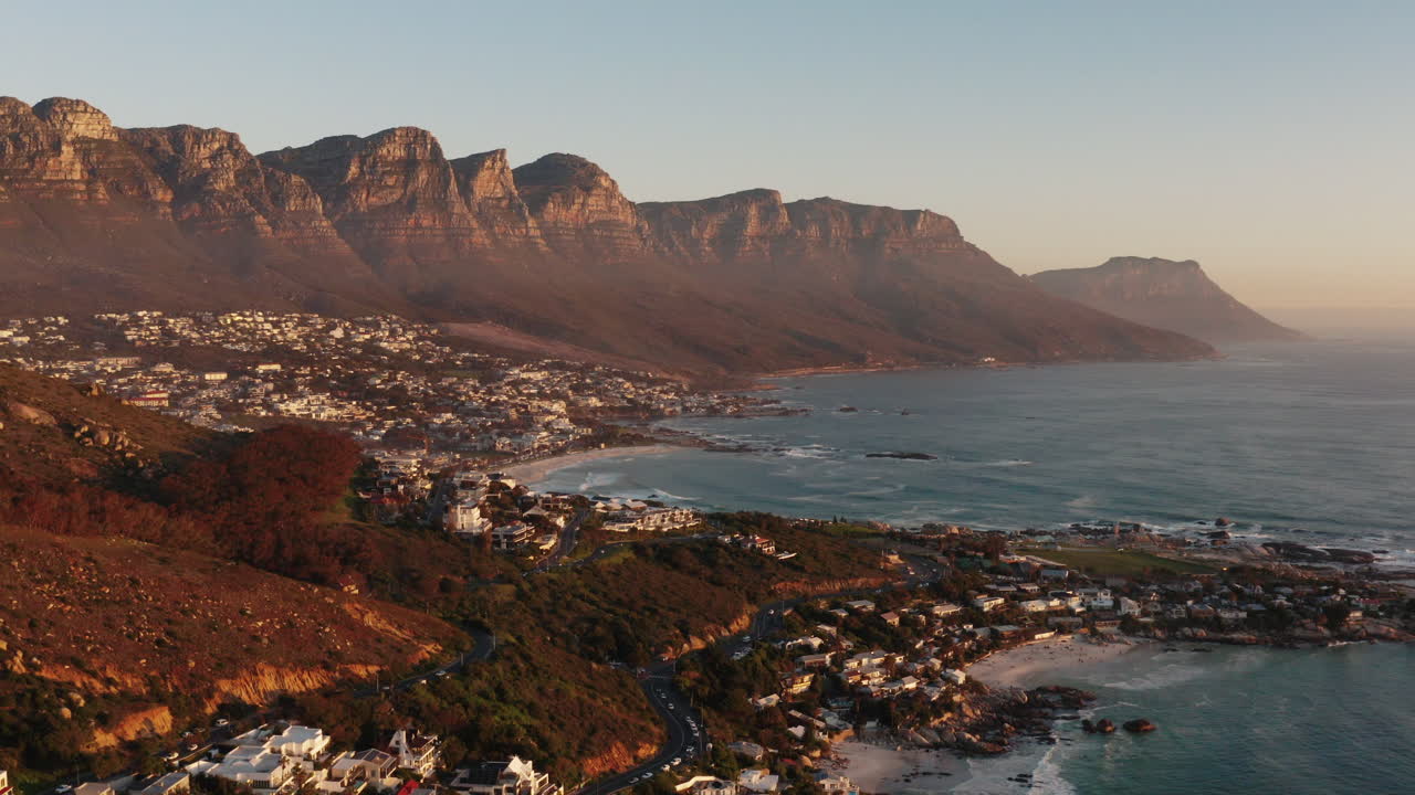 Sunset Drone Shot of the Twelve Apostles in Camps Bay, South Africa